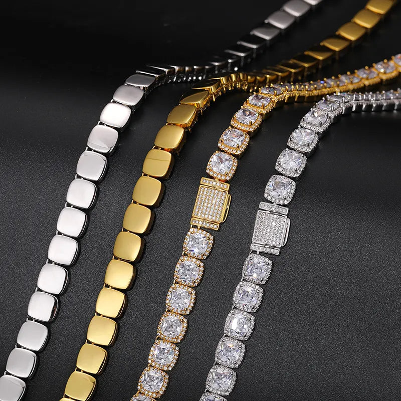 11MM CUSHION CUT MOISSANITE DIAMOND TENNIS CHAIN NECKLACE OR BRACELET IN STERLING SILVER - IVORY & EBONY