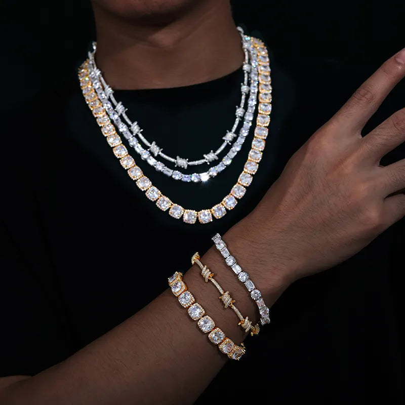 11MM CUSHION CUT MOISSANITE DIAMOND TENNIS CHAIN NECKLACE OR BRACELET IN STERLING SILVER - IVORY & EBONY