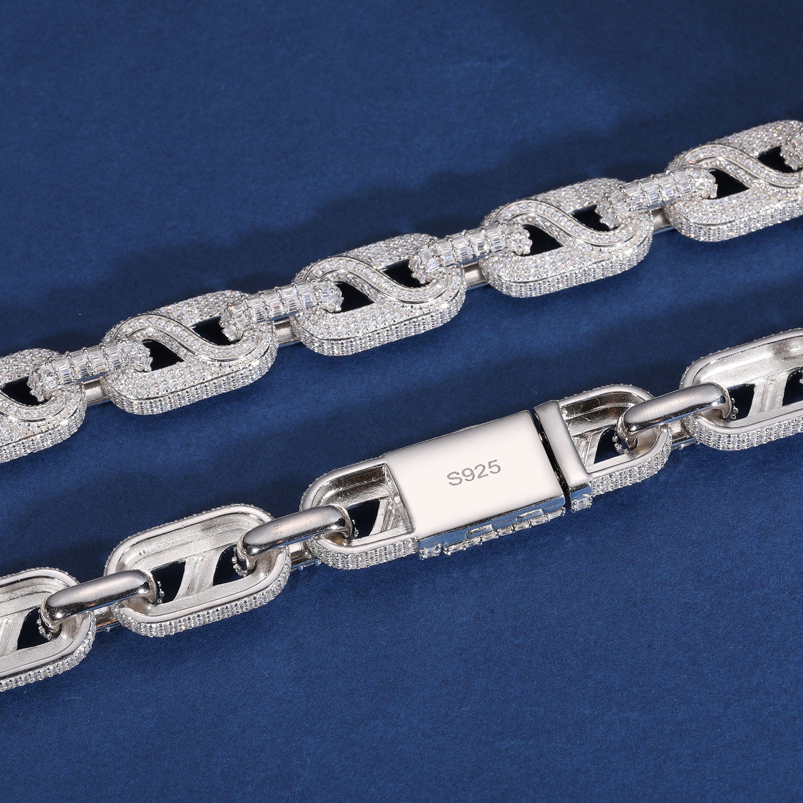 14MM BAGUETTE MOISSANITE BUSSDOWN CUBAN LINK CHAIN NECKLACE/BRACELET IN STERLING SILVER
