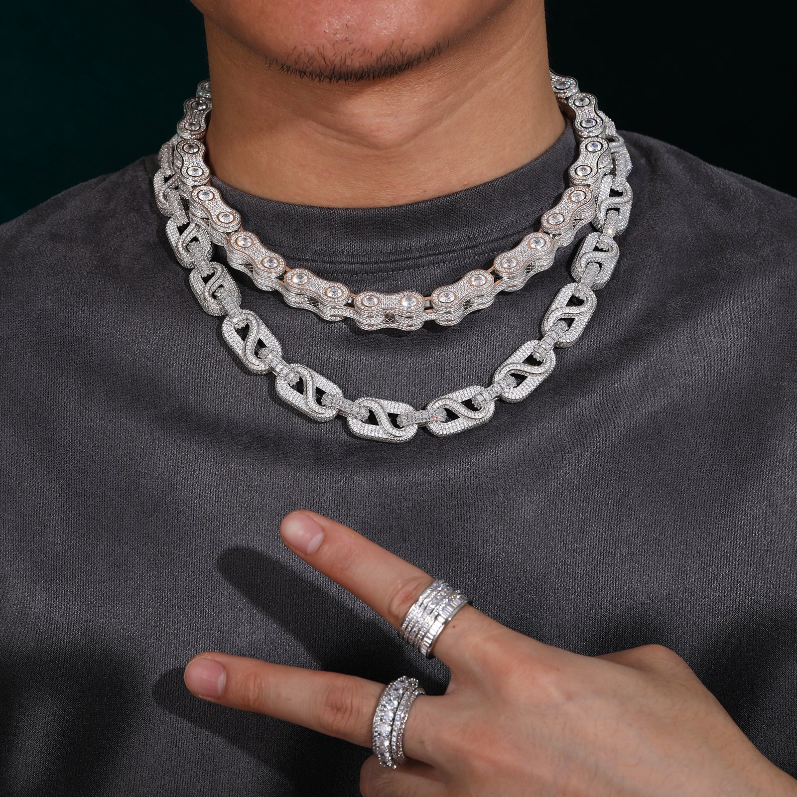 14MM BAGUETTE MOISSANITE BUSSDOWN CUBAN LINK CHAIN NECKLACE/BRACELET IN STERLING SILVER
