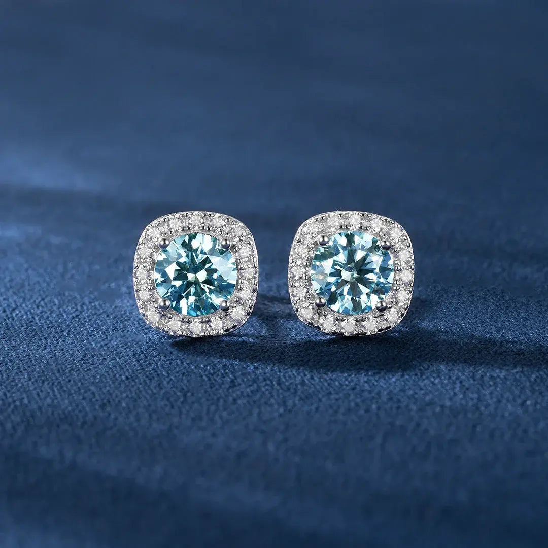 1CT COLORFUL MOISSANITE HALO EAR STUD EARRINGS IN STERLING SILVER - IVORY & EBONY