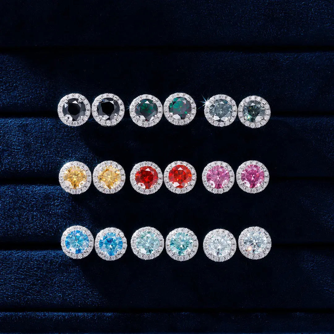 1CT COLORFUL MOISSANITE HALO EAR STUD EARRINGS IN STERLING SILVER - IVORY & EBONY
