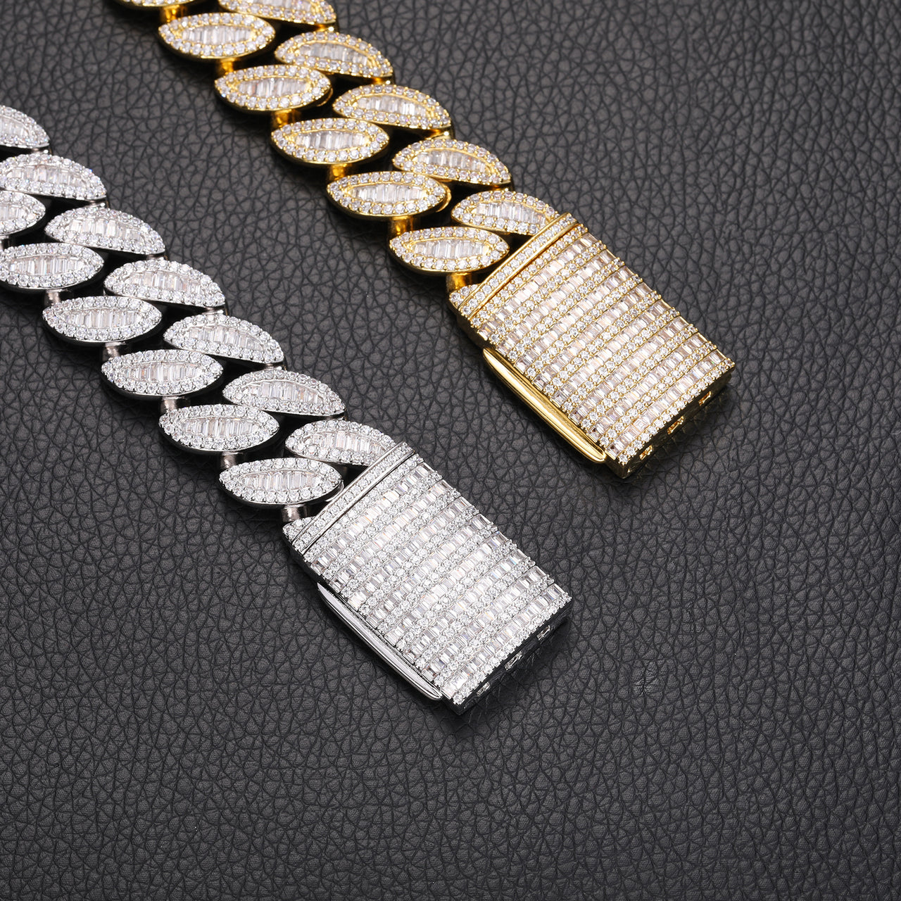 Collier/bracelet en argent sterling, orné de moissanite baguette en forme de feuille de 20 mm et d'une chaîne cubaine à maillons.