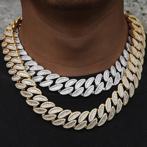 Collier/bracelet en argent sterling, orné de moissanite baguette en forme de feuille de 20 mm et d'une chaîne cubaine à maillons.