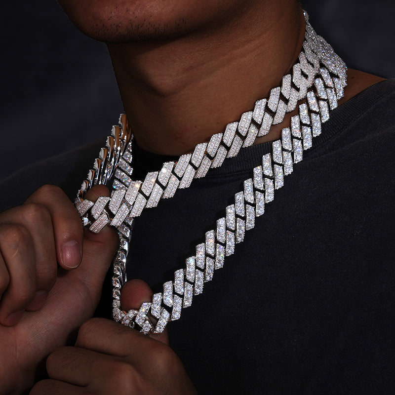 COLLIER/BRACELET CHAÎNE À MAILLES CUBAINES MIAMI EN ARGENT MASSIF 20 MM EN MOISSANITE {STYLE 2}