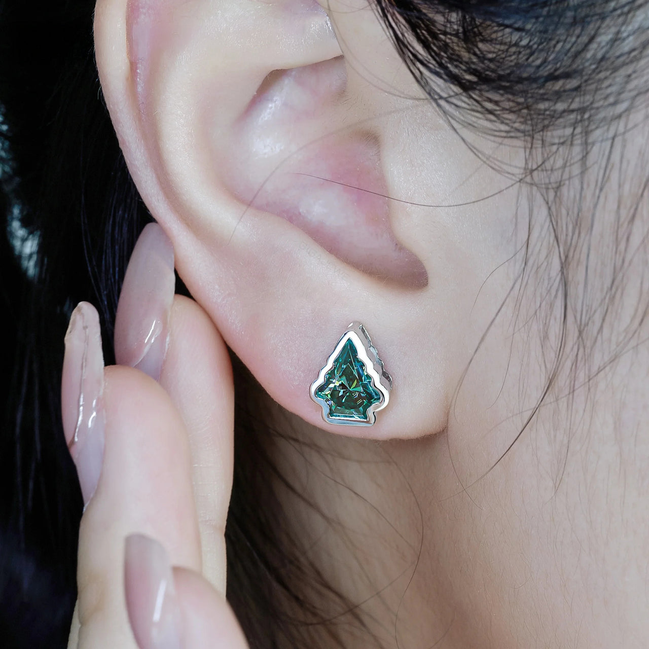 2CT CHRISTMAS TREE CUT GREEN MOISSANITE EARRING IN SOLID WHITE GOLD