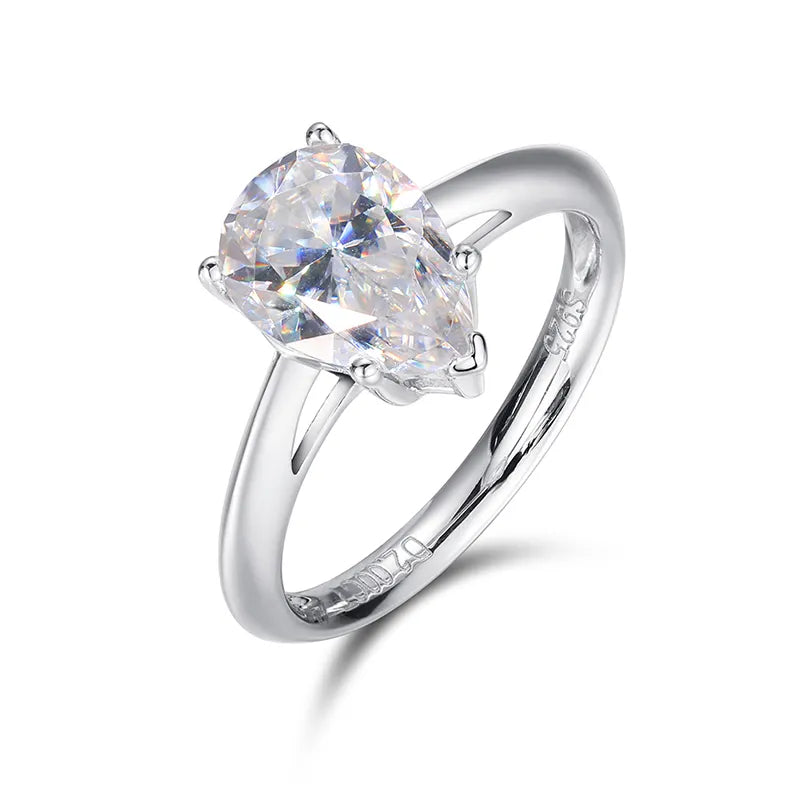 2CT PEAR CUT MOISSANITE DIAMOND SOLITAIRE RING IN STERLING SILVER - IVORY & EBONY