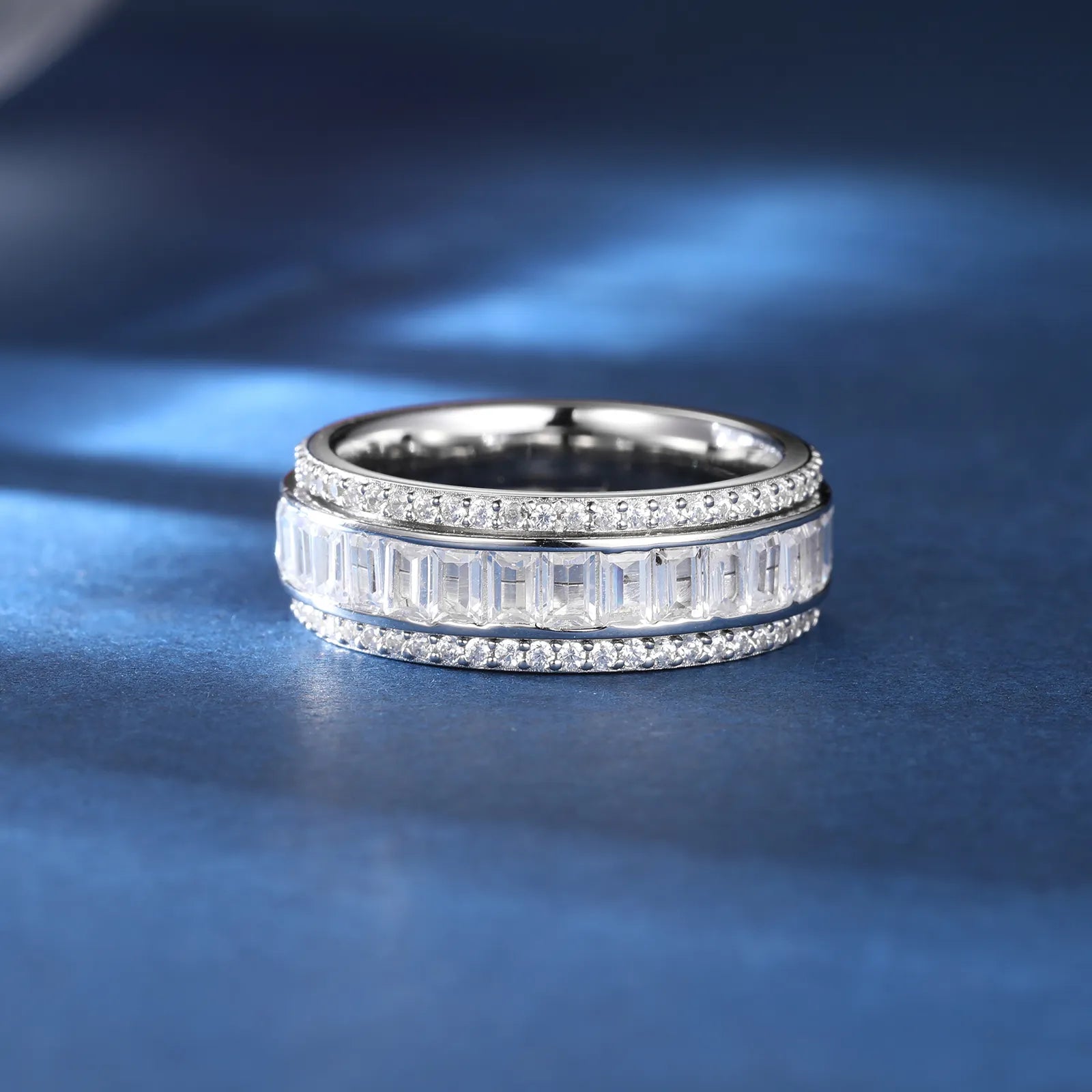 3 ROWS ROTATABLE BAGUETTE MOISSANITE DIAMOND BAND RING IN STERLING SILVER - IVORY & EBONY