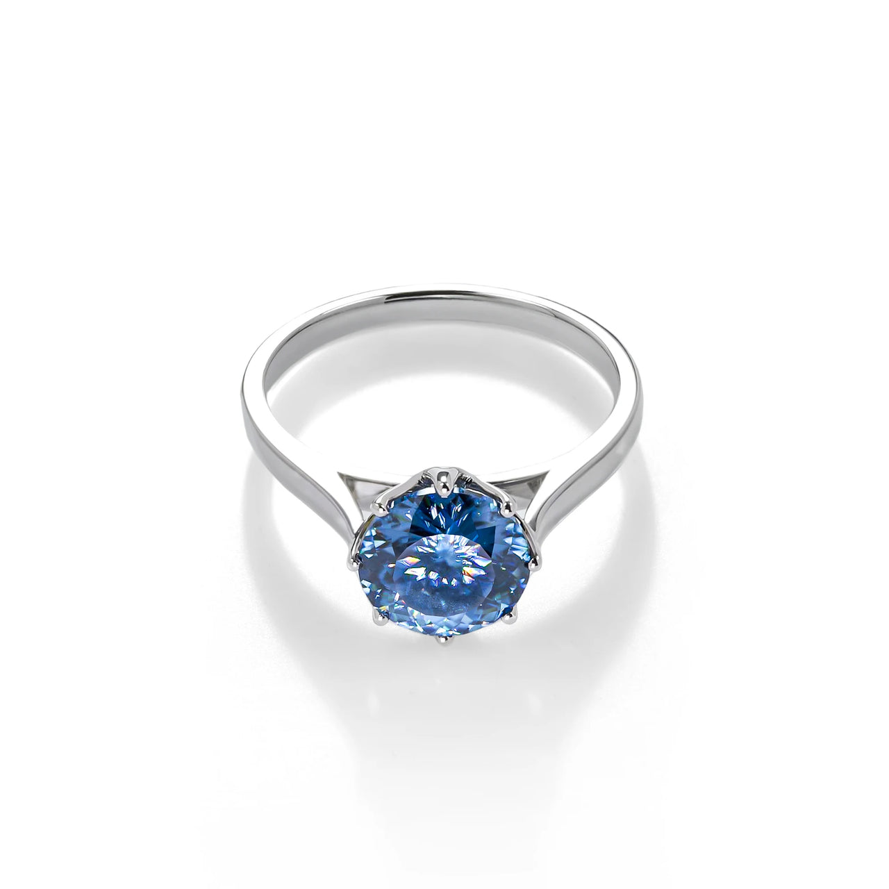 BLUE MOISSANITE PORTUGUESE CUT SOLITAIRE ENGAGEMENT RING IN SOLID GOLD