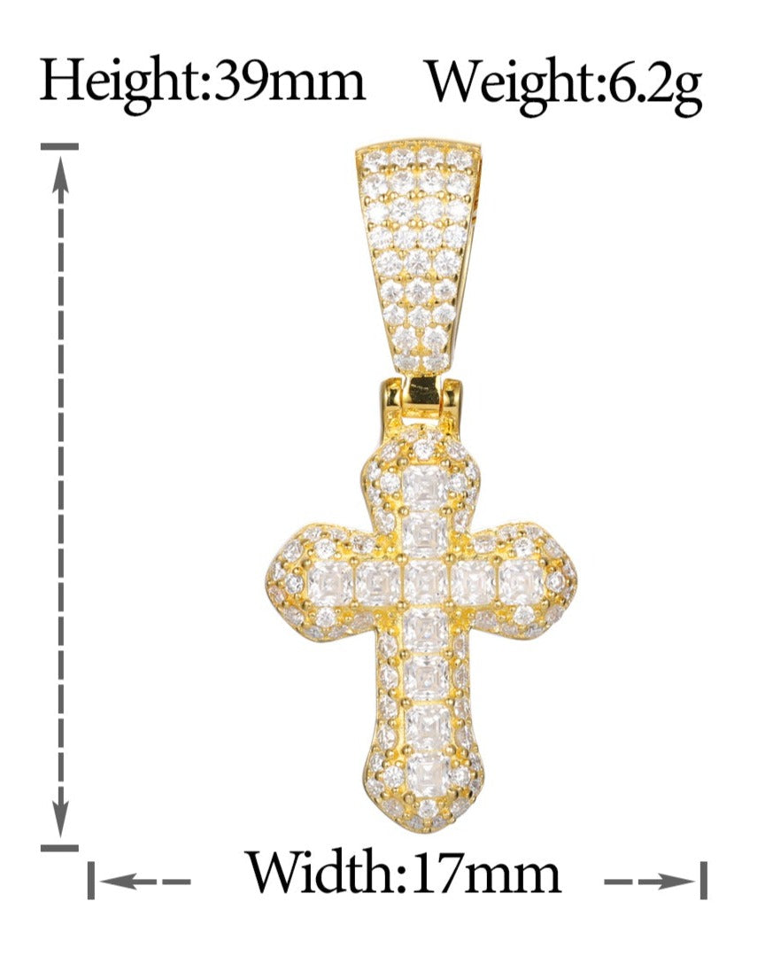 ASSCHER CUT MOISSANITE DIAMOND ICED OUT CROSS PENDANT IN STERLING SILVER - IVORY & EBONY