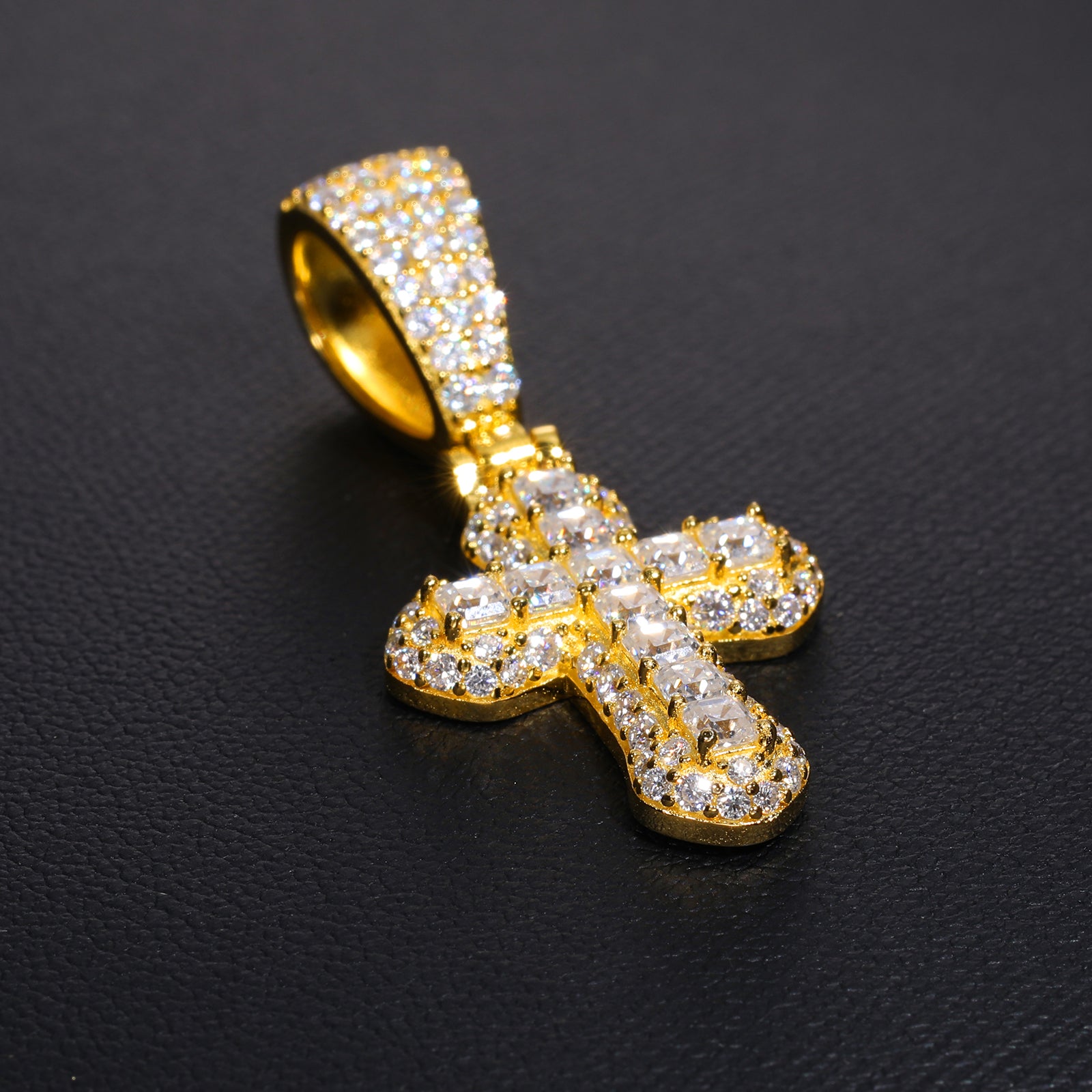 ASSCHER CUT MOISSANITE DIAMOND ICED OUT CROSS PENDANT IN STERLING SILVER - IVORY & EBONY