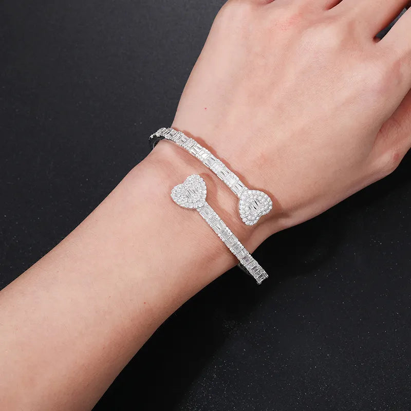 BAGUETTE MOISSANITE DIAMOND HEART CUFF BANGLE BRACELET IN STERLING SILVER - IVORY & EBONY
