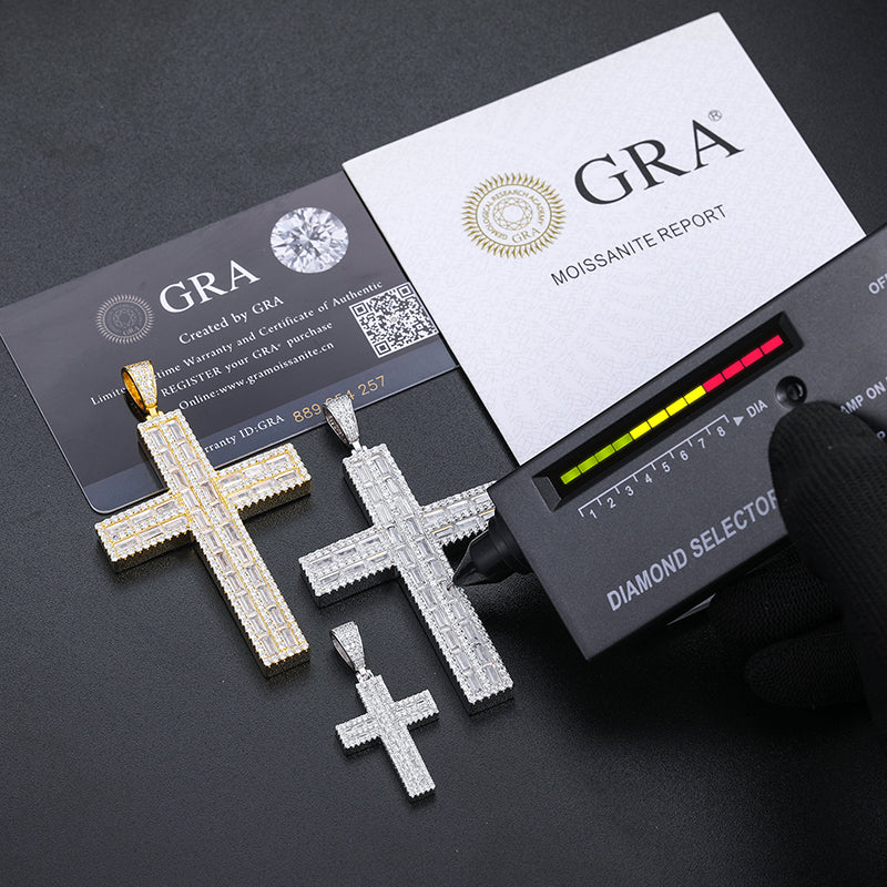 BAGUETTE MOISSANITE DIAMOND ICED OUT CROSS PENDANT IN STERLING SILVER - IVORY & EBONY