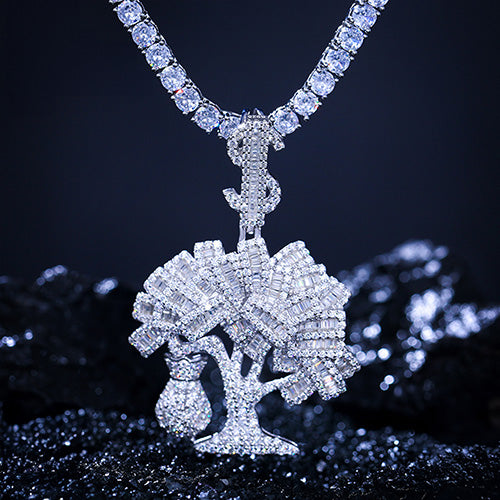 money tree pendant BAGUETTE MOISSANITE DOLLAR MONEY BAG TREE PENDANT IN STERLING SILVER GOLD