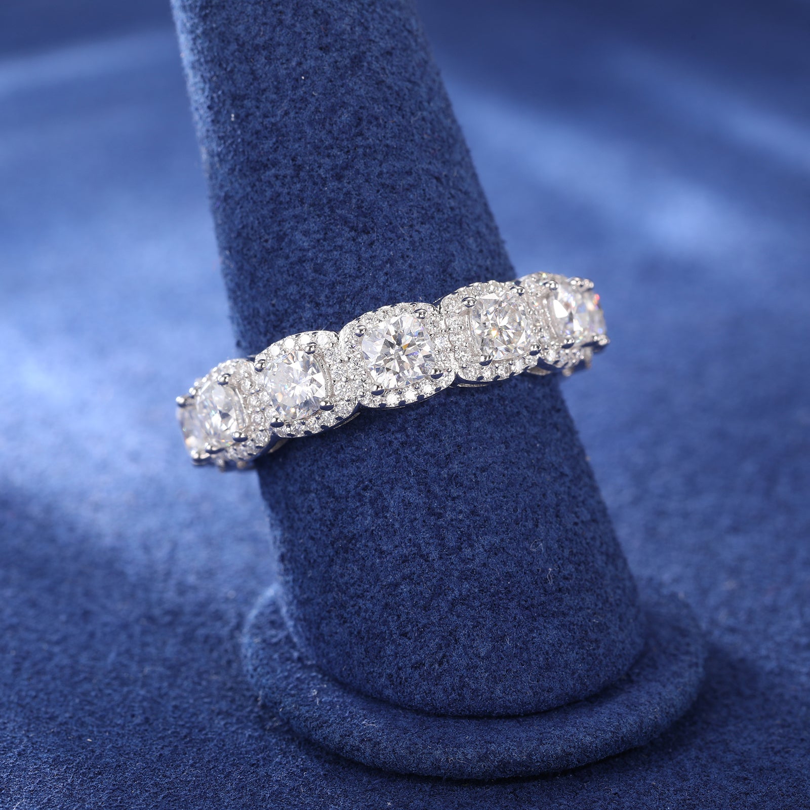 CUSHION CUT MOISSANITE DIAMOND HALO TENNIS ETERNITY RING IN STERLING SILVER - IVORY & EBONY