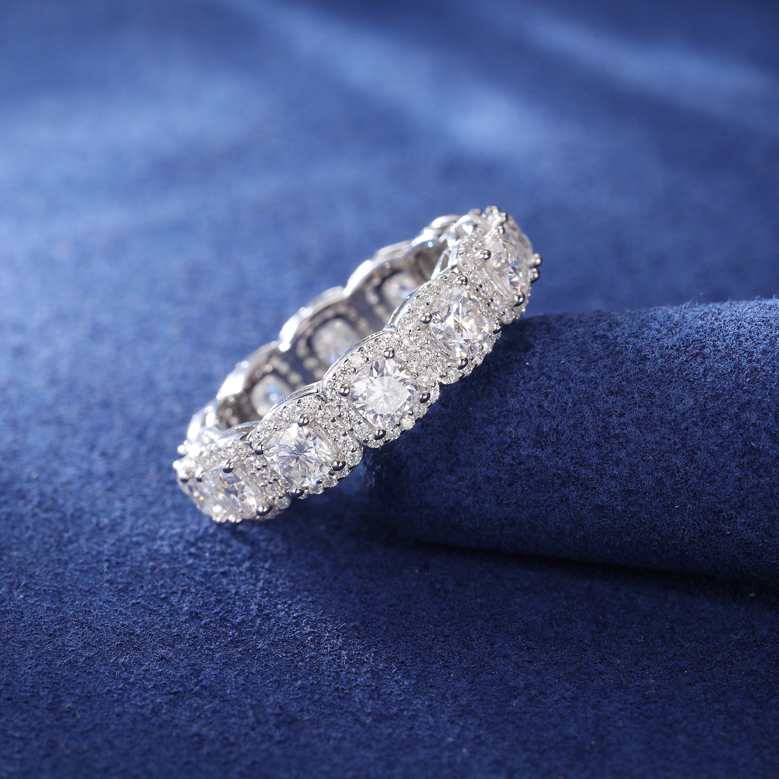 CUSHION CUT MOISSANITE DIAMOND HALO TENNIS ETERNITY RING IN STERLING SILVER - IVORY & EBONY