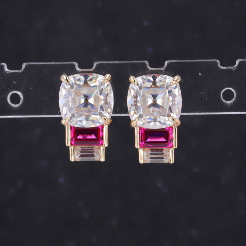 LAB GROWN RUBY WITH MOISSANITE DIAMOND STUD EARRINGS IN 9K SOLID GOLD