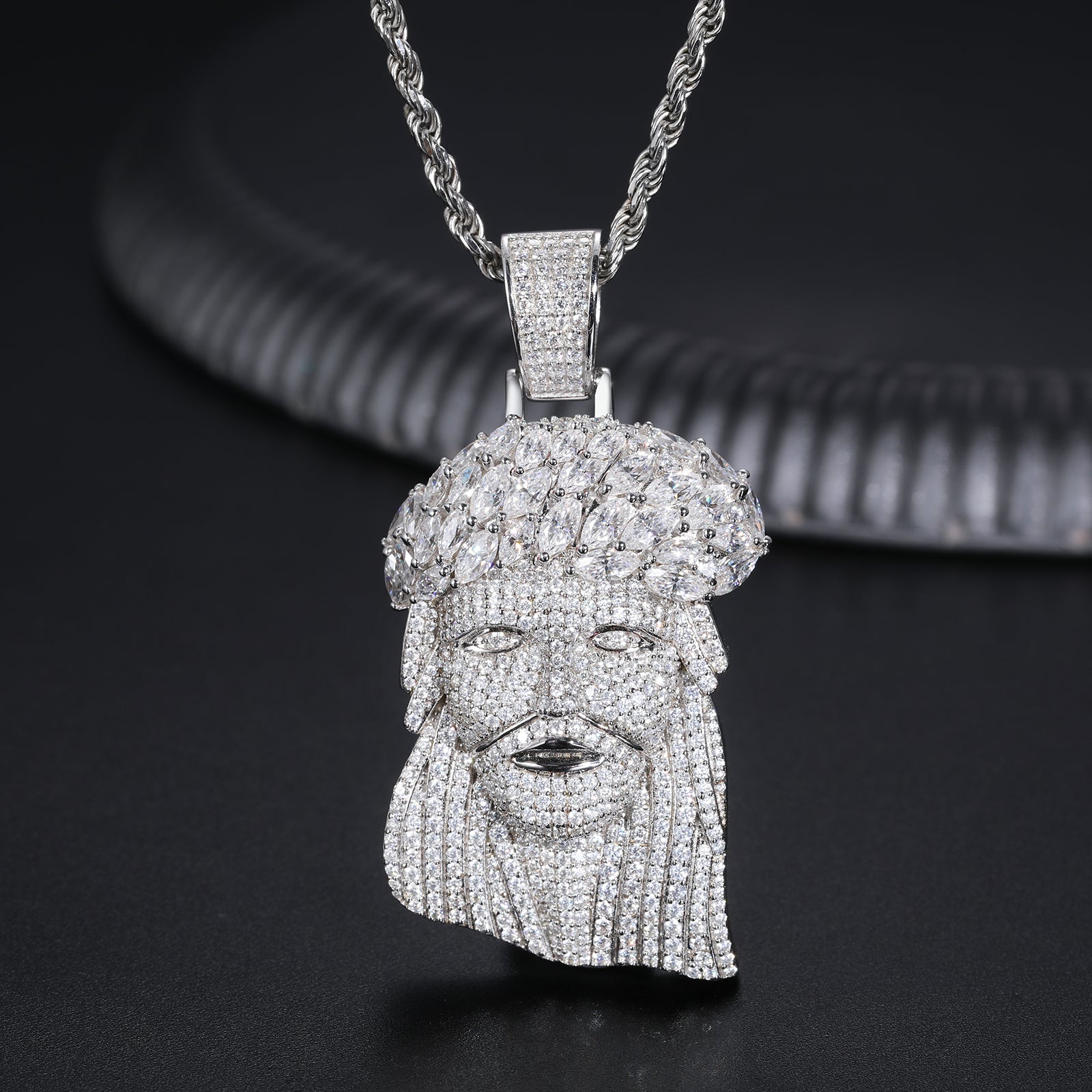 MARQUISE CUT MOISSANITE DIAMOND ICED OUT JESUS PENDANT IN STERLING SILVER - IVORY & EBONY