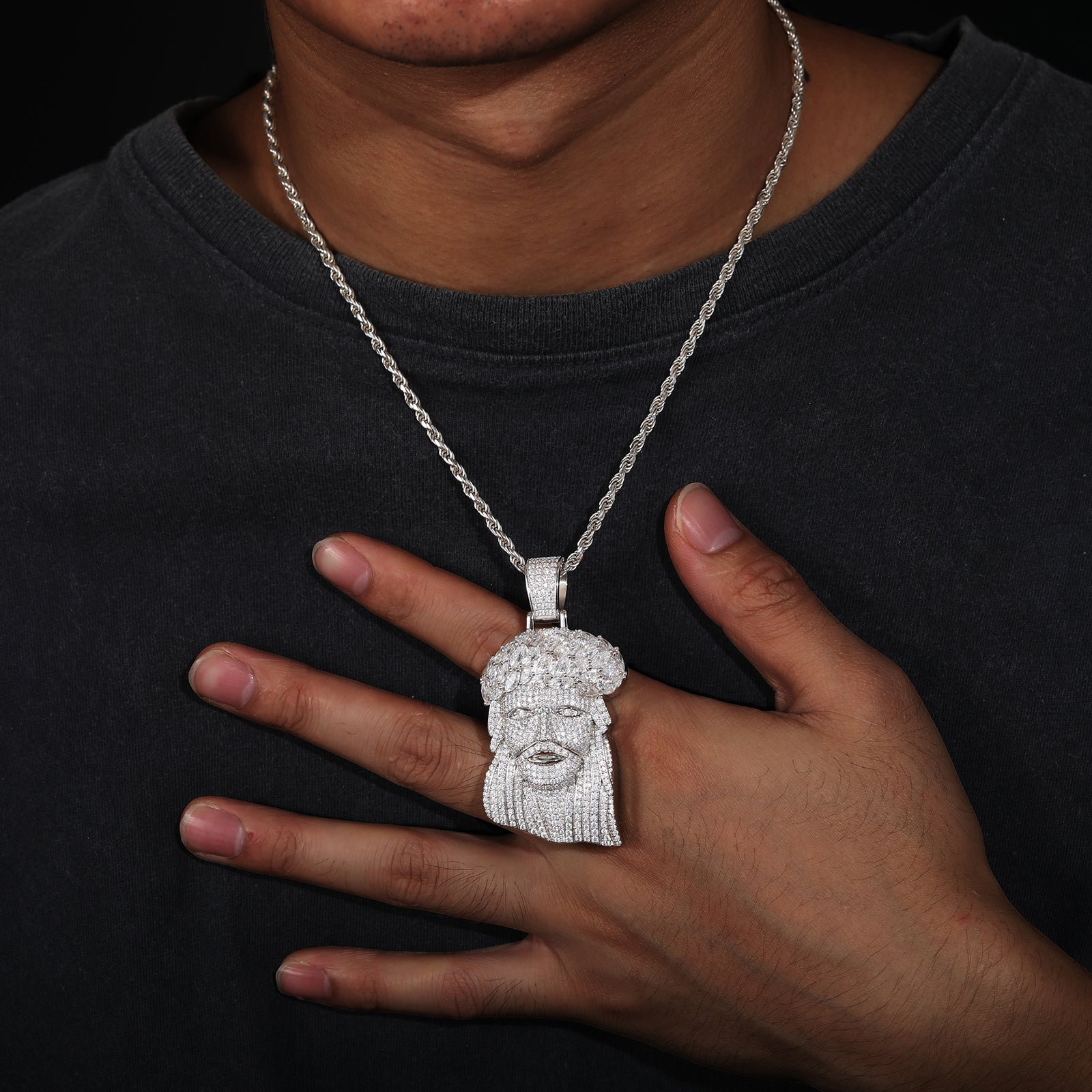 MARQUISE CUT MOISSANITE DIAMOND ICED OUT JESUS PENDANT IN STERLING SILVER - IVORY & EBONY