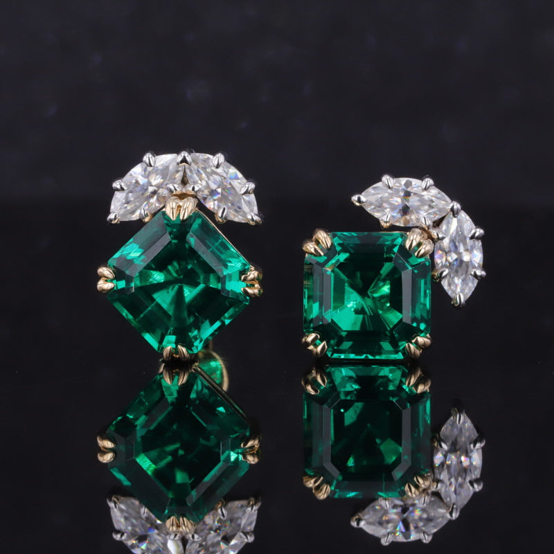 ASSCHER CUT LAB EMERALD WITH MARQUISE CUT MOISSANITE STUD EARRING IN 10K SOLID GOLD