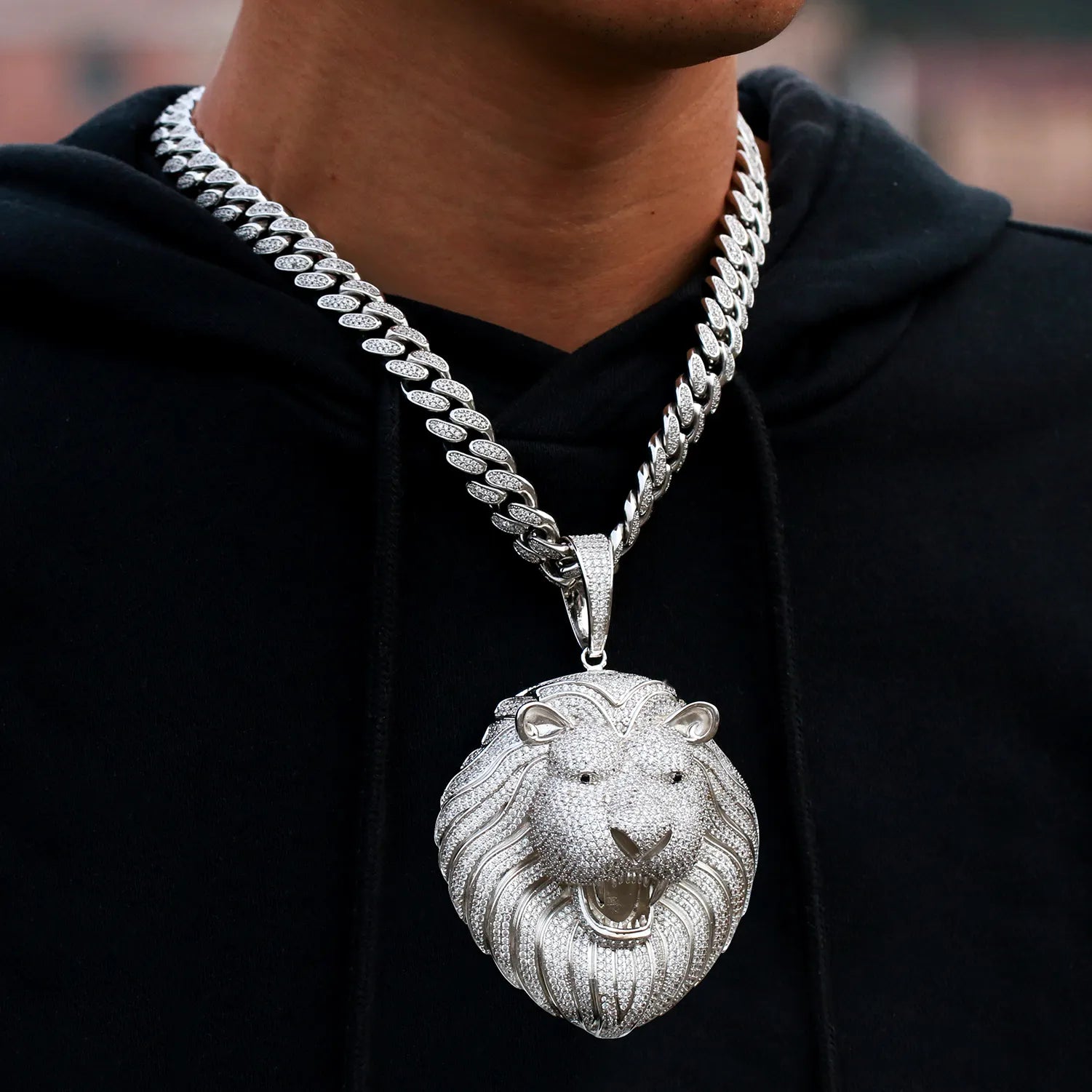 MICRO PAVED MOISSANITE DIAMOND ICED OUT LION HEAD PENDANT IN STERLING SILVER - IVORY & EBONY