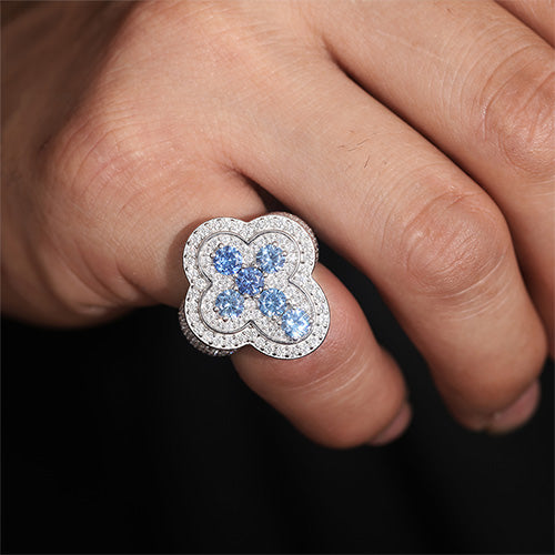 MOISSANITE DIAMOND AND BLUE CZ ICED OUT CROSS RING IN STERLING SILVER - IVORY & EBONY