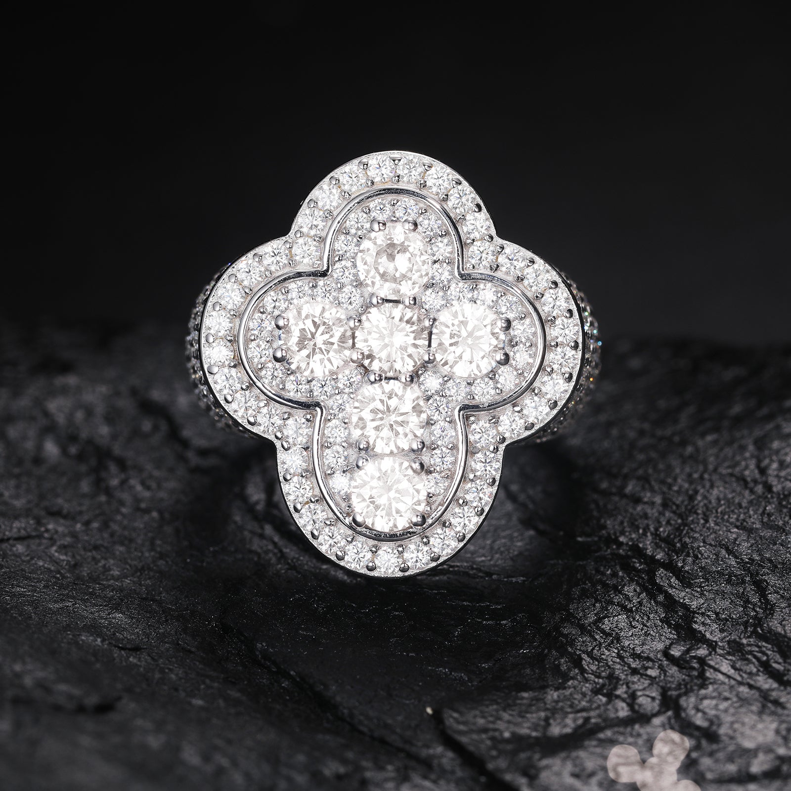 MOISSANITE DIAMOND AND BLUE CZ ICED OUT CROSS RING IN STERLING SILVER - IVORY & EBONY