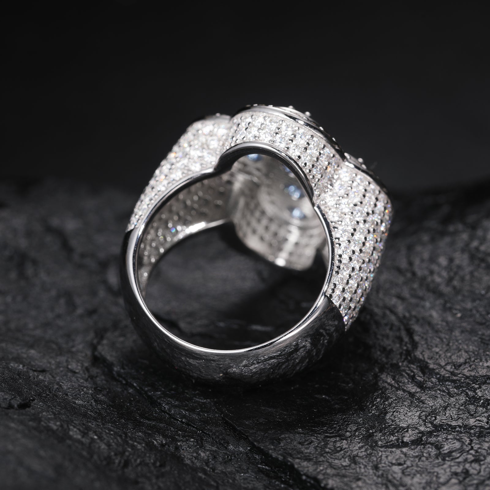 MOISSANITE DIAMOND AND BLUE CZ ICED OUT CROSS RING IN STERLING SILVER - IVORY & EBONY