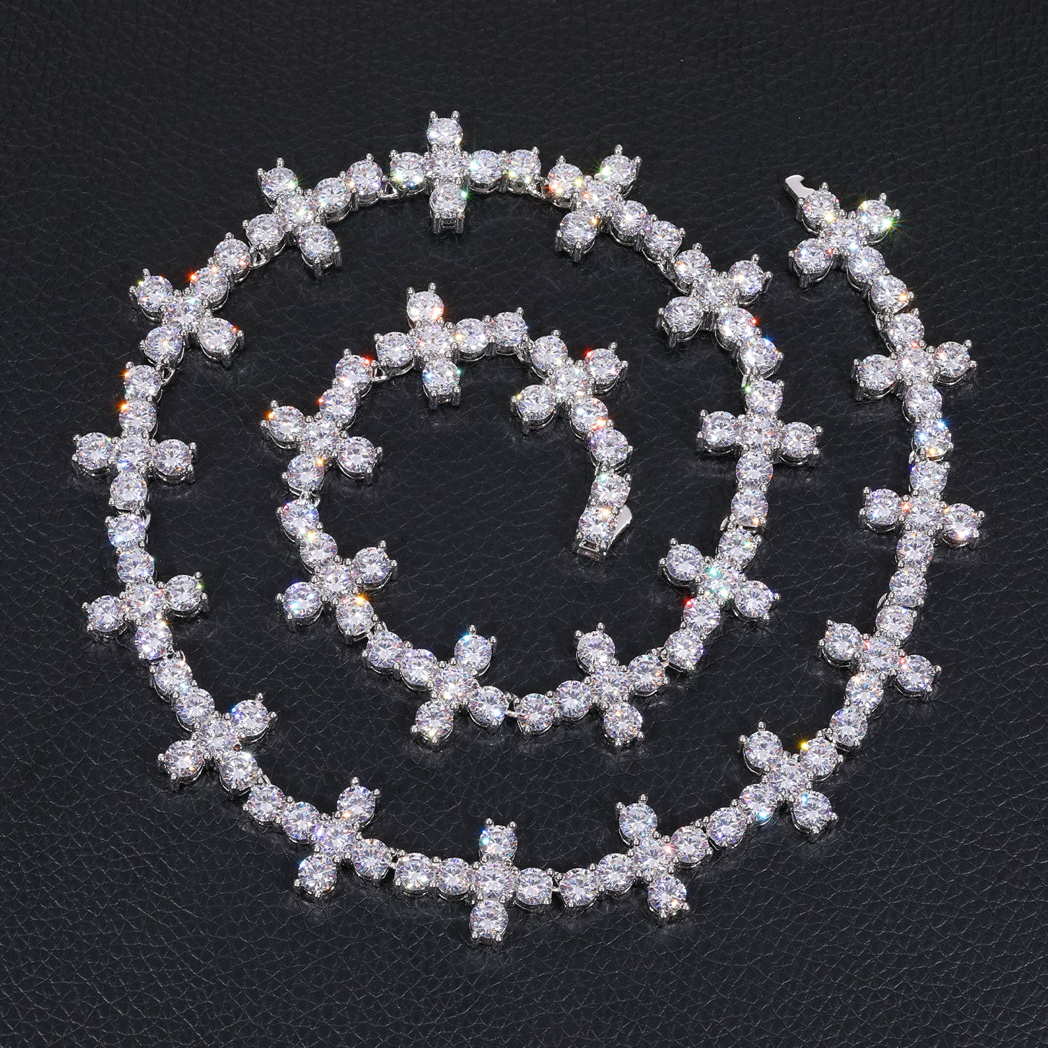 MOISSANITE DIAMOND CLUSTER CROSS TENNIS CHAIN NECKLACE IN STERLING SILVER - IVORY & EBONY
