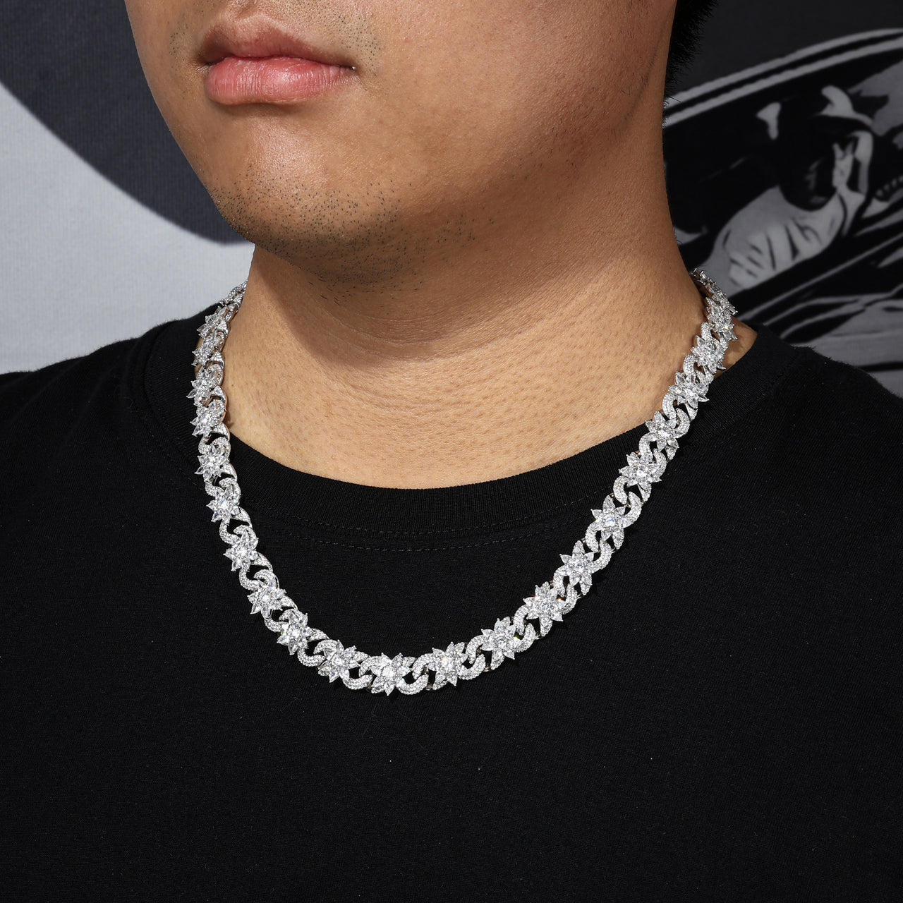 MOISSANITE FLOWER CUBAN BRACELET AND NECKLACE IN STERLING SILVER