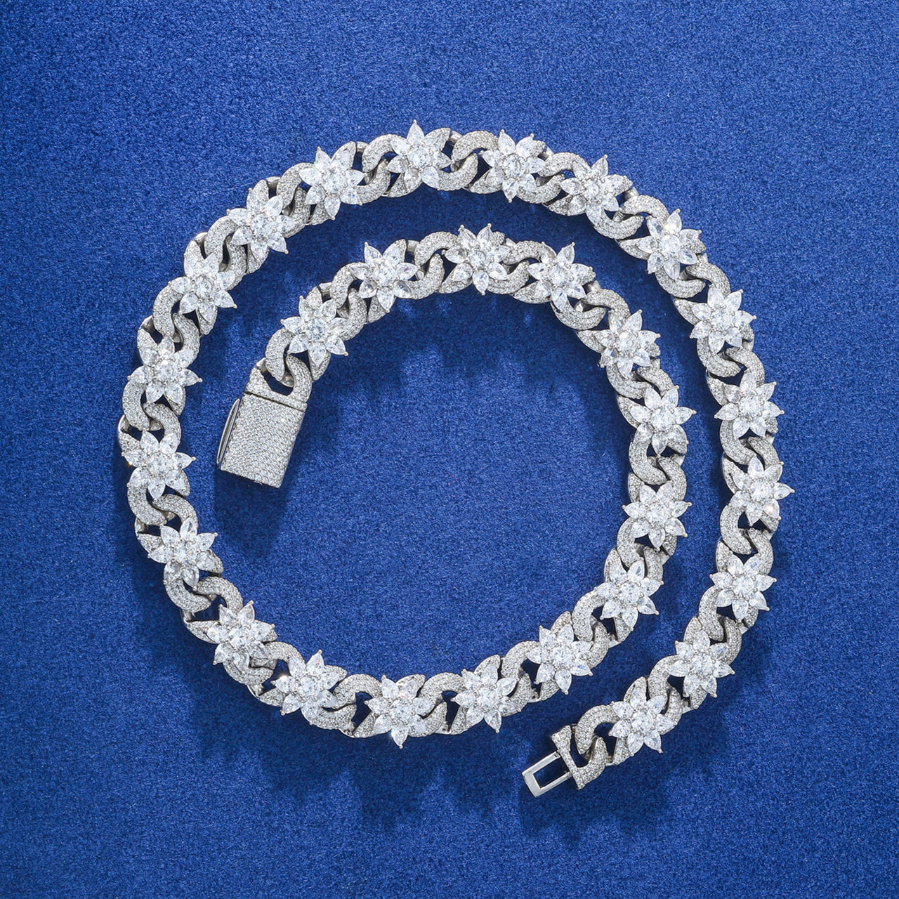 MOISSANITE FLOWER CUBAN BRACELET AND NECKLACE IN STERLING SILVER