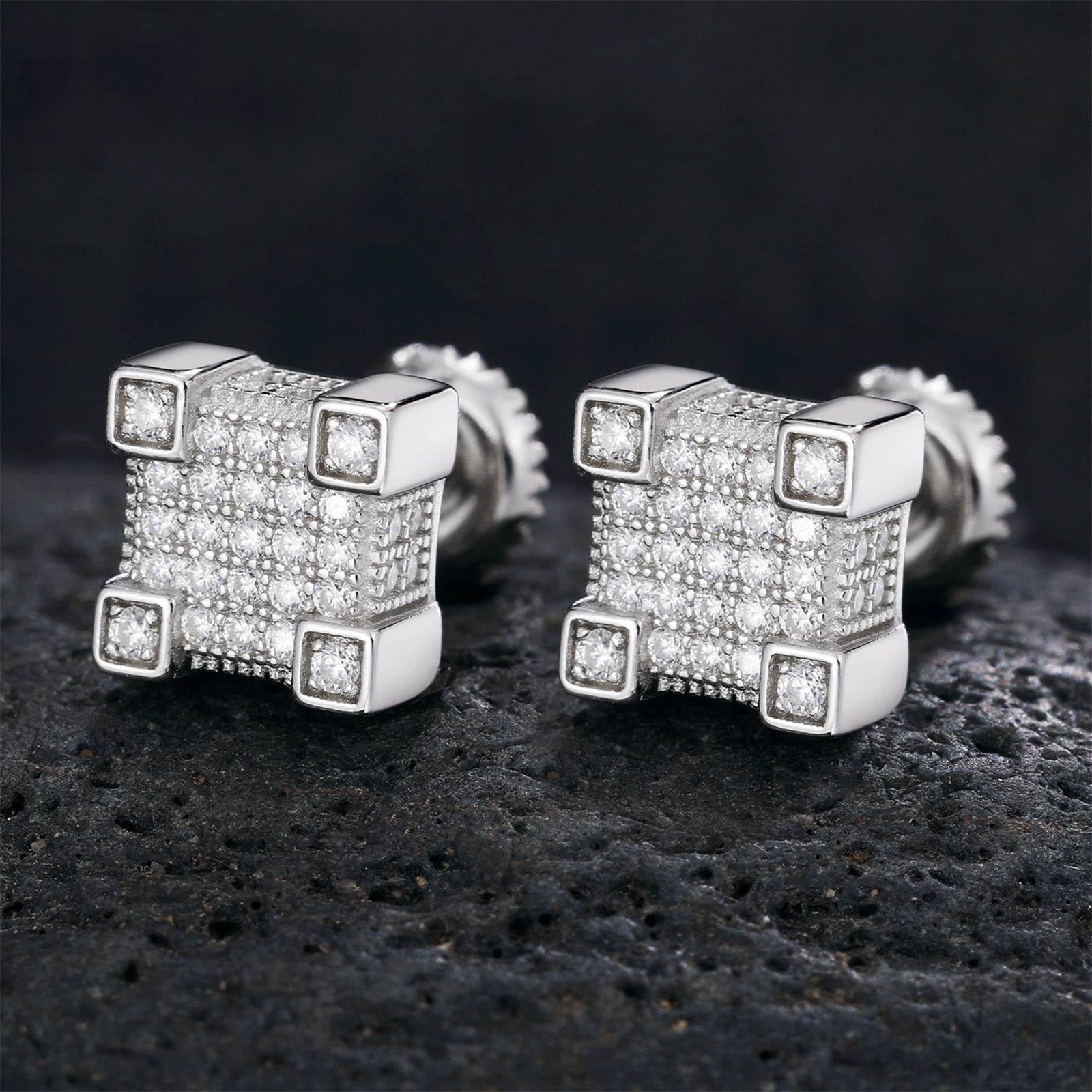 MOISSANITE GEOMETRIC SQUARE DIAMOND STUD EARRINGS IN STERLING SILVER - IVORY & EBONY