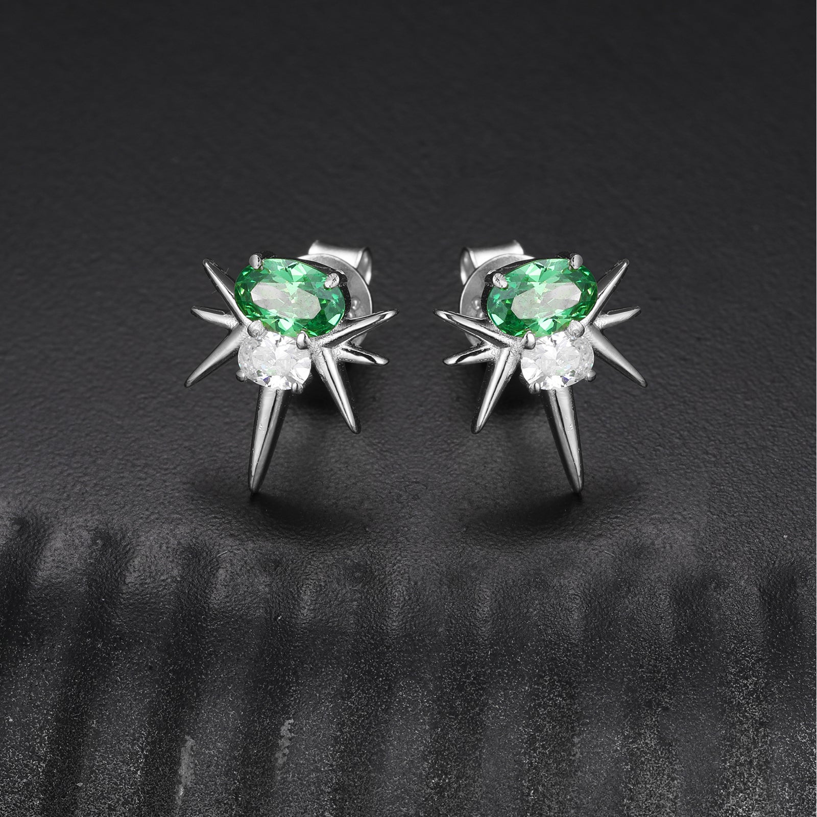 MOISSANITE DIAMOND GREEN CZ OVAL BEE-STING STUD EARRINGS IN STERLING SILVER - IVORY & EBONY