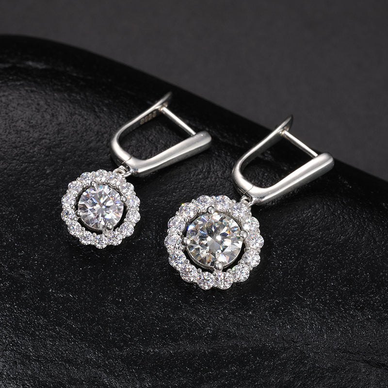 MOISSANITE DIAMOND HALO DROP EARRINGS IN STERLING SILVER - IVORY & EBONY