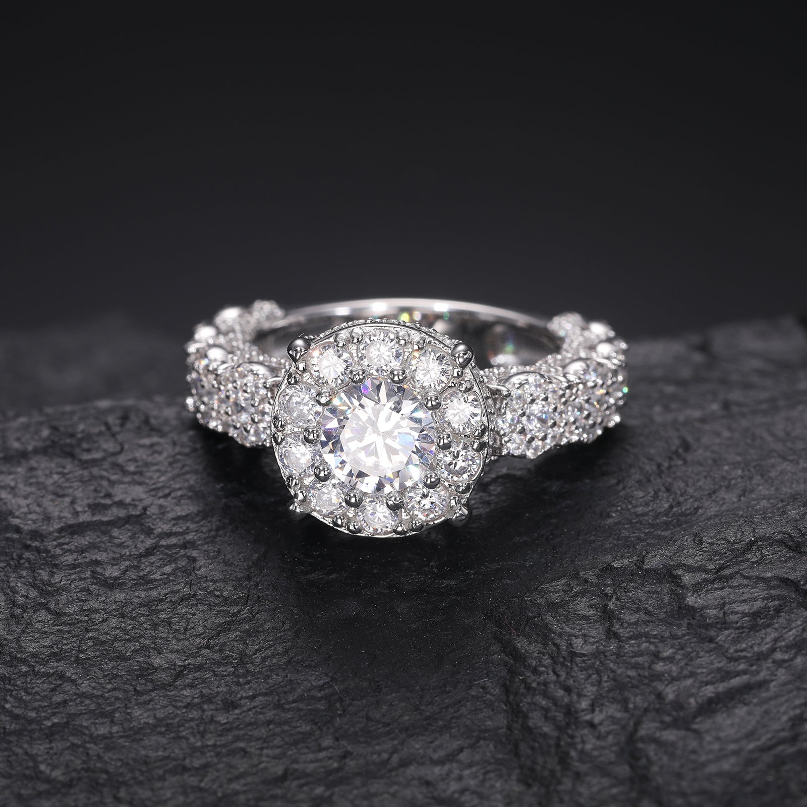 MOISSANITE DIAMOND HALO ENGAGEMENT RING IN STERLING SILVER - IVORY & EBONY