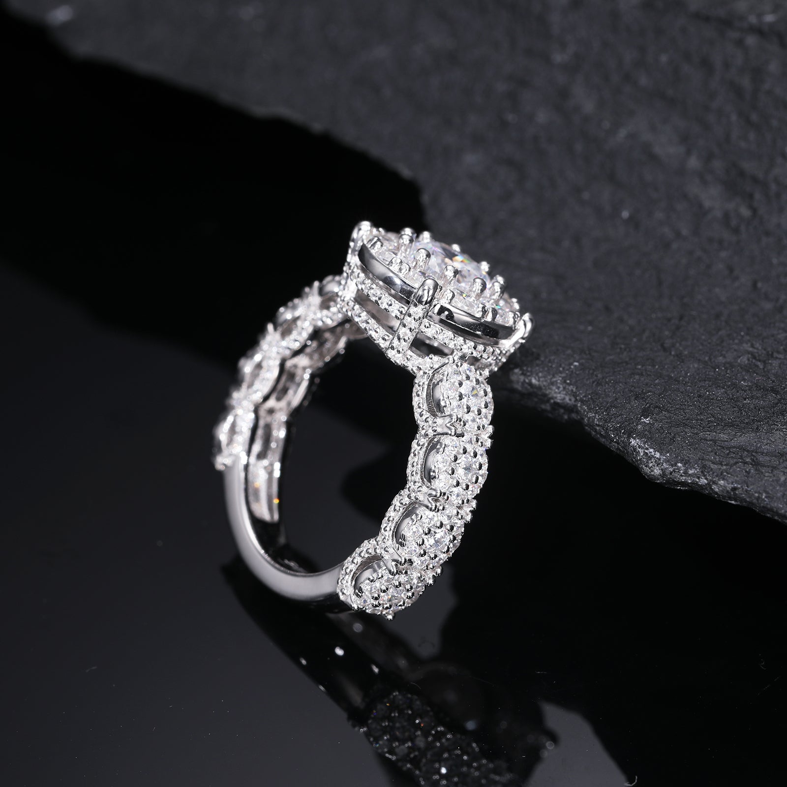 MOISSANITE DIAMOND HALO ENGAGEMENT RING IN STERLING SILVER - IVORY & EBONY
