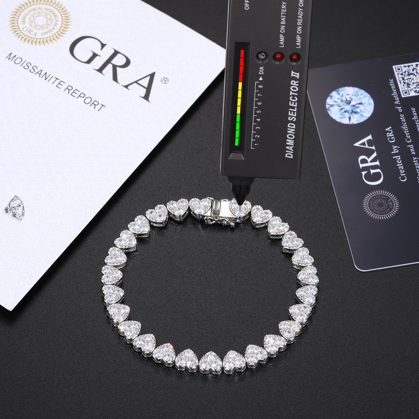 MOISSANITE DIAMOND HEART TENNIS CHAIN BRACELET IN STERLING SILVER - IVORY & EBONY