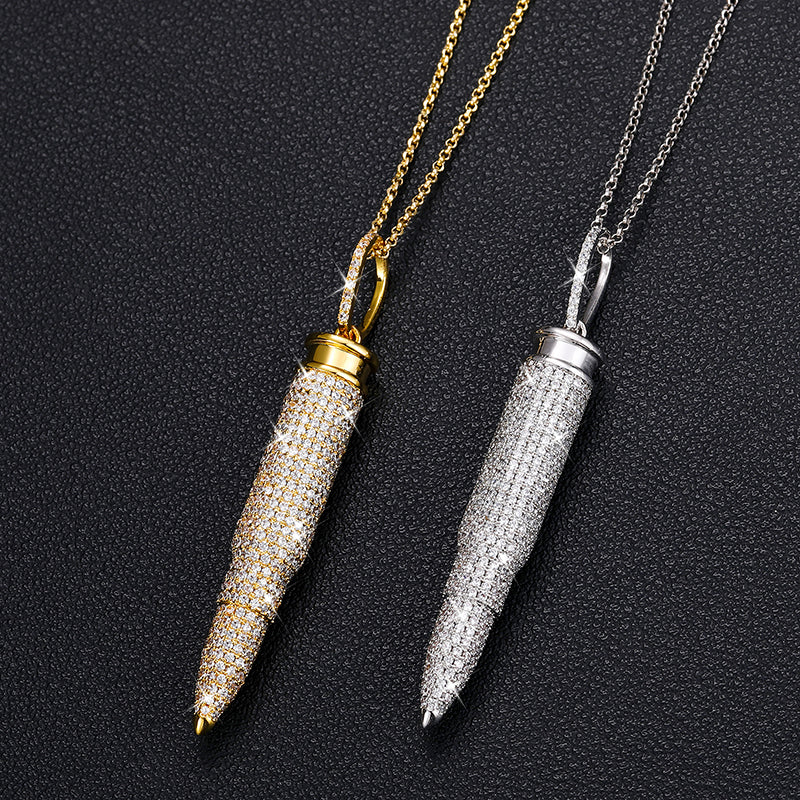 MOISSANITE DIAMOND ICED OUT BULLET PENDANT NECKLACE IN STERLING SILVER - IVORY & EBONY