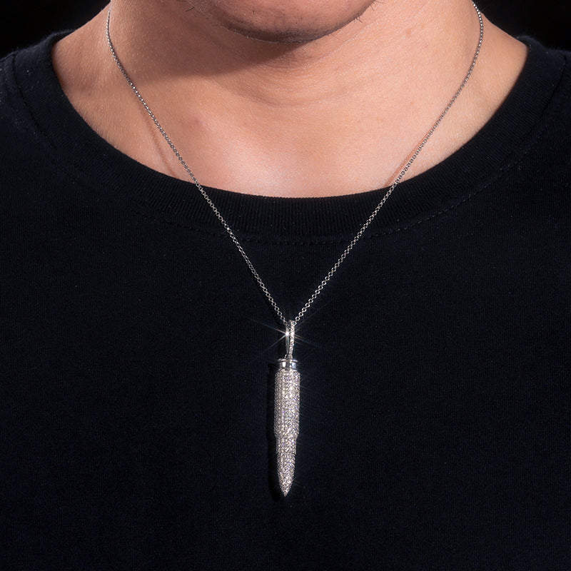 MOISSANITE DIAMOND ICED OUT BULLET PENDANT NECKLACE IN STERLING SILVER - IVORY & EBONY