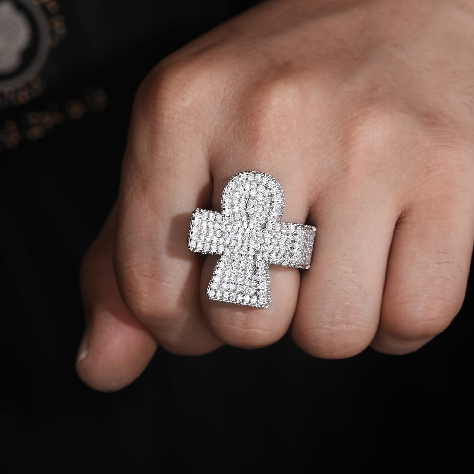 MOISSANITE DIAMOND ICED OUT ANKH CROSS RING IN STERLING SILVER - IVORY & EBONY