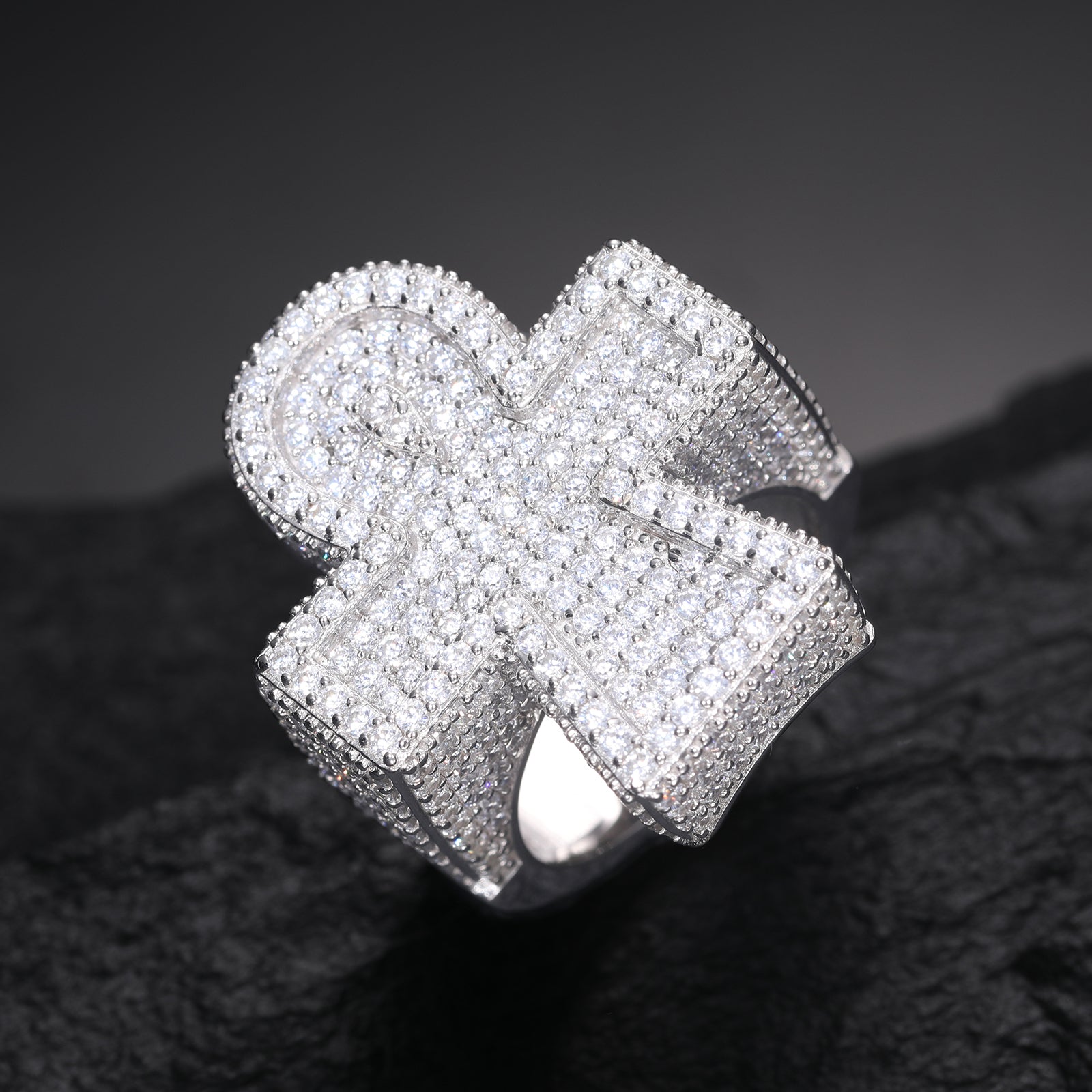 MOISSANITE DIAMOND ICED OUT ANKH CROSS RING IN STERLING SILVER - IVORY & EBONY