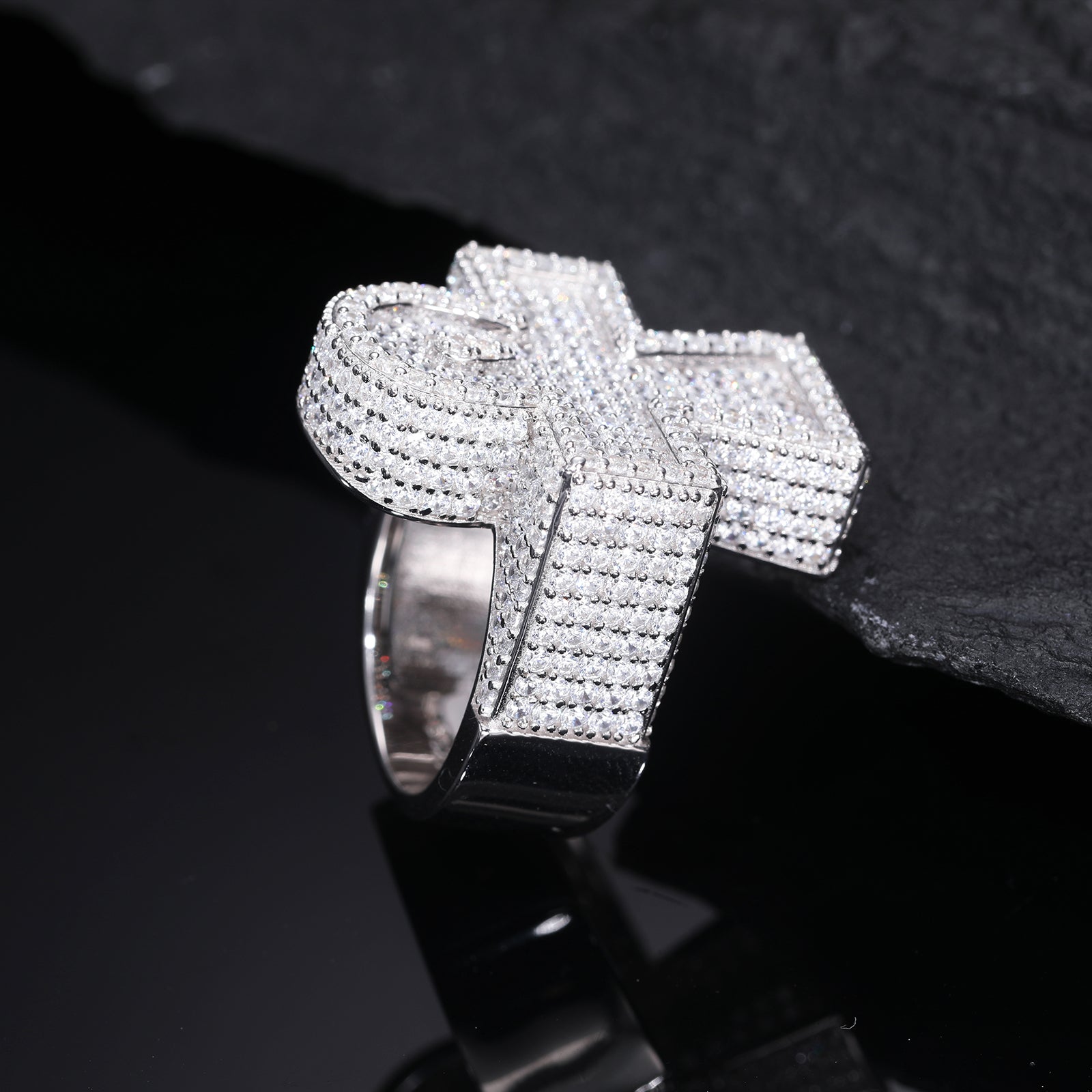 MOISSANITE DIAMOND ICED OUT ANKH CROSS RING IN STERLING SILVER - IVORY & EBONY