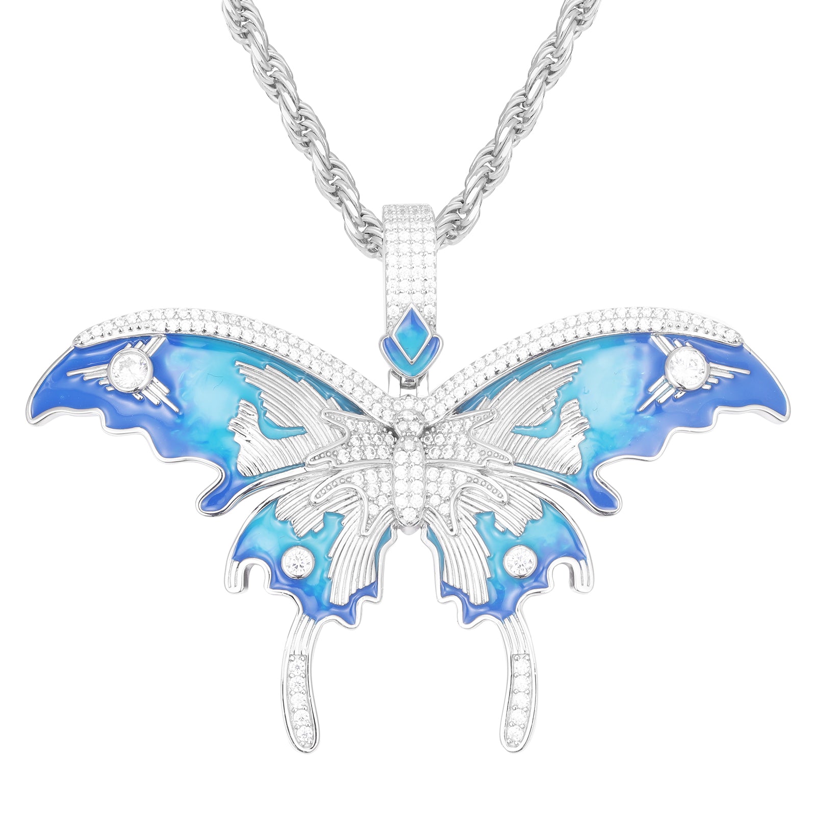 MOISSANITE DIAMOND ENAMEL BLUE BUTTERFLY PENDANT IN STERLING SILVER - IVORY & EBONY