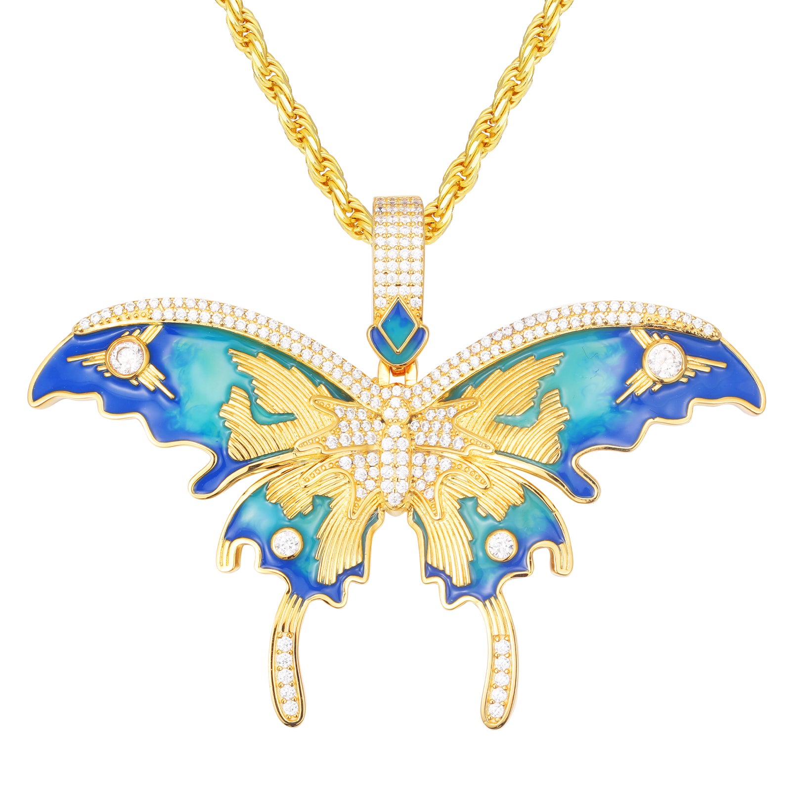 MOISSANITE DIAMOND ENAMEL BLUE BUTTERFLY PENDANT IN STERLING SILVER - IVORY & EBONY