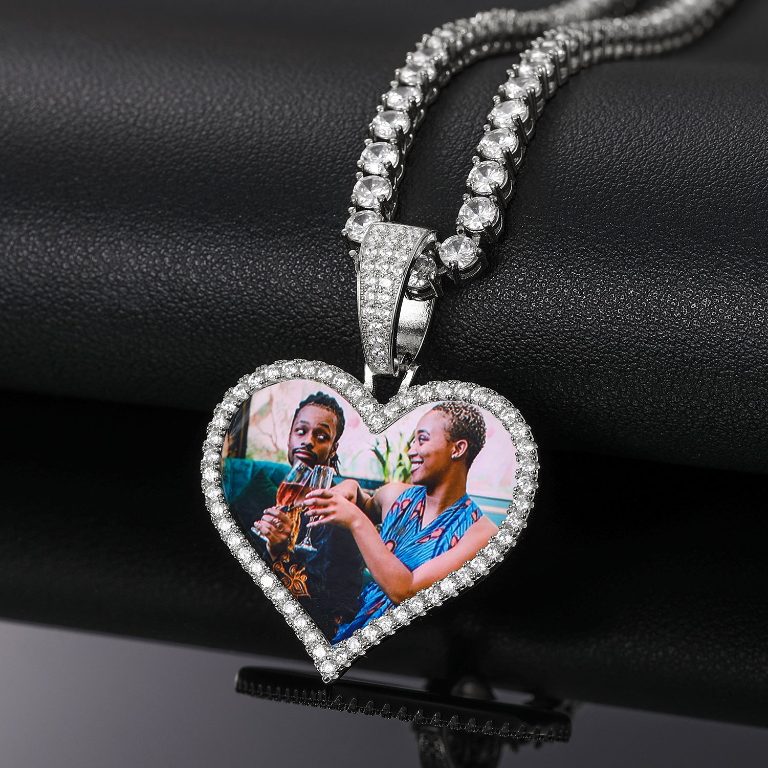 MOISSANITE DIAMOND HEART CUSTOM PHOTO PENDANT IN STERLING SILVER - IVORY & EBONY