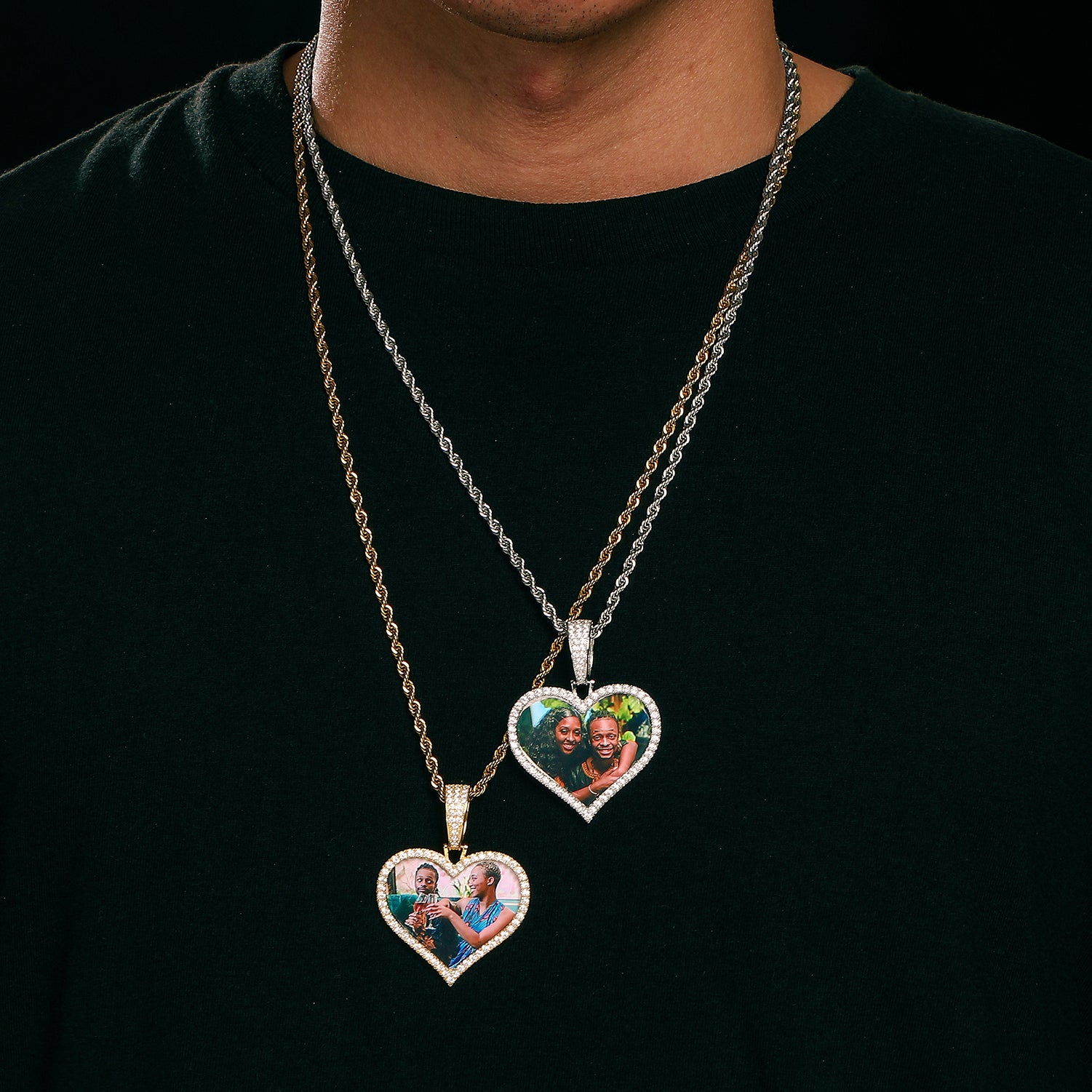 MOISSANITE DIAMOND HEART CUSTOM PHOTO PENDANT IN STERLING SILVER - IVORY & EBONY