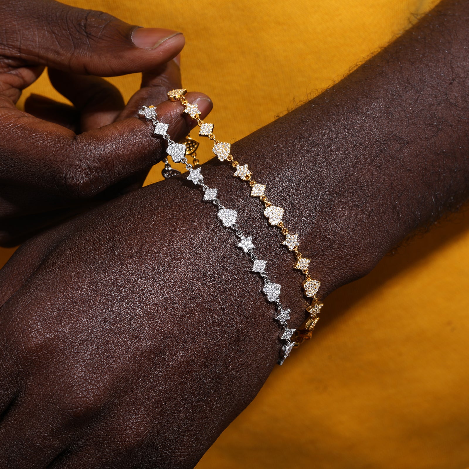 MOISSANITE DIAMOND STAR HEART RHOMBUS MOTIF TENNIS BRACELET IN STERLING SILVER - IVORY & EBONY