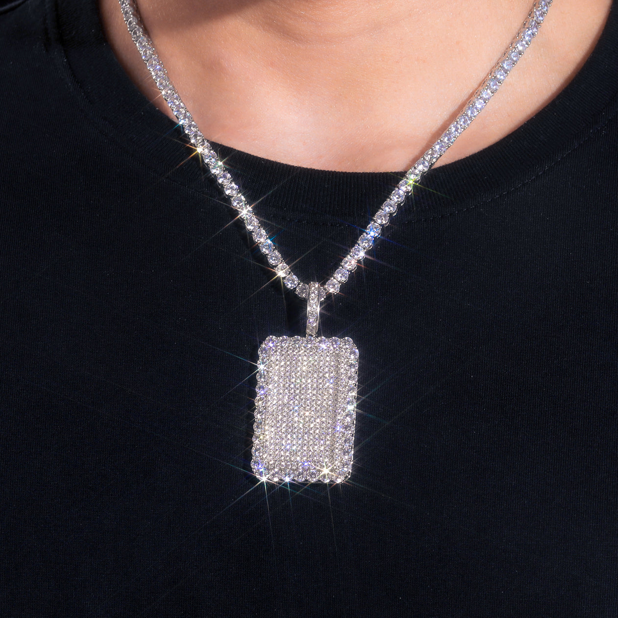 MOISSANITE DIAMOND TAG CHARM PENDANT NECKLACE IN STERLING SILVER - IVORY & EBONY