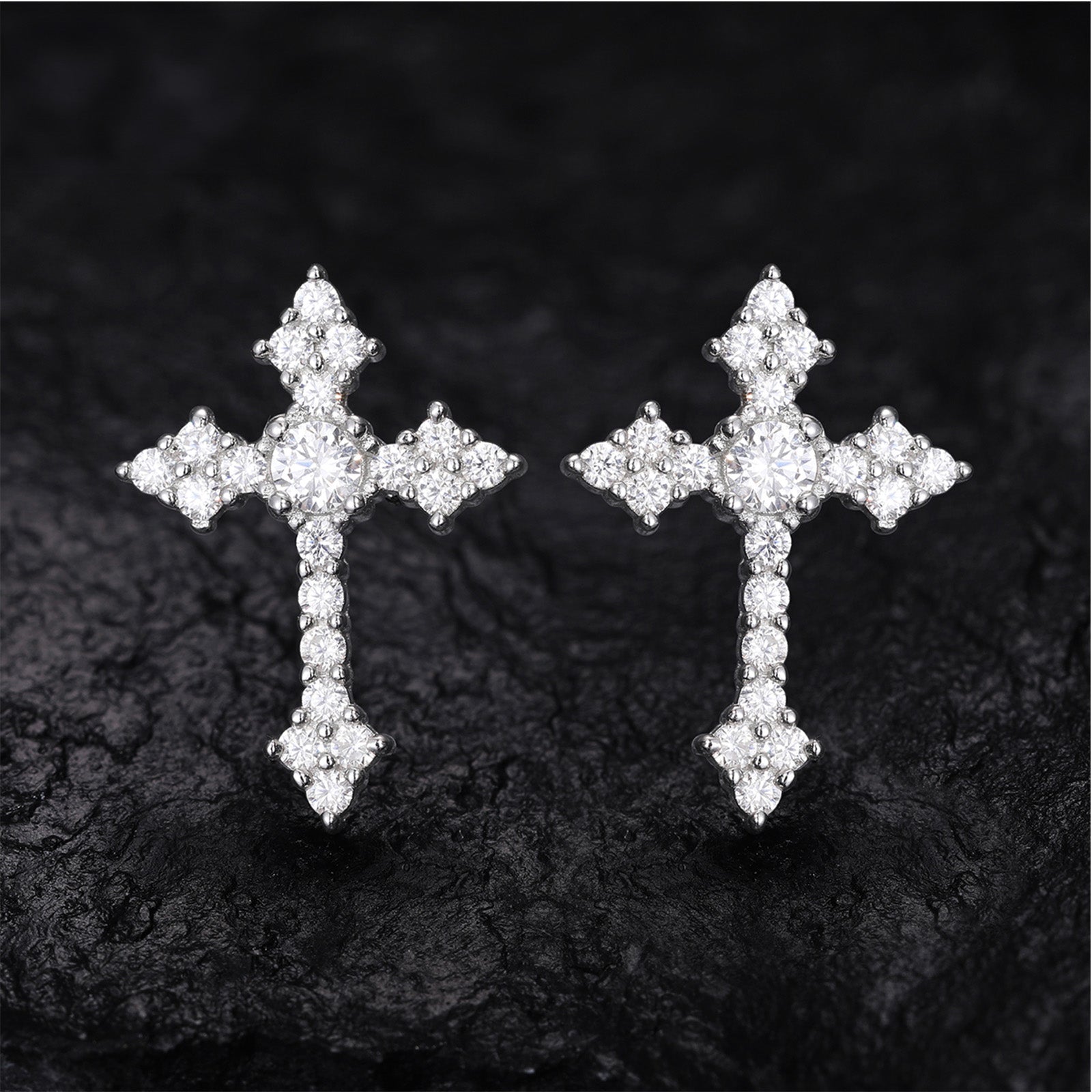 MOISSANITE DIAMOND TAPERED CROSS STUD EARRINGS IN STERLING SILVER - IVORY & EBONY