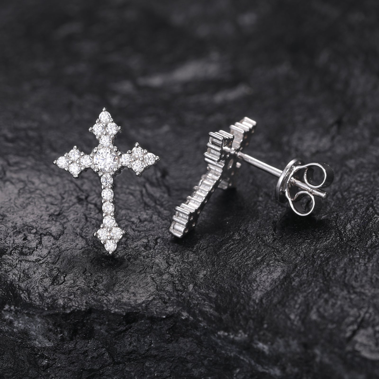 MOISSANITE DIAMOND TAPERED CROSS STUD EARRINGS IN STERLING SILVER - IVORY & EBONY